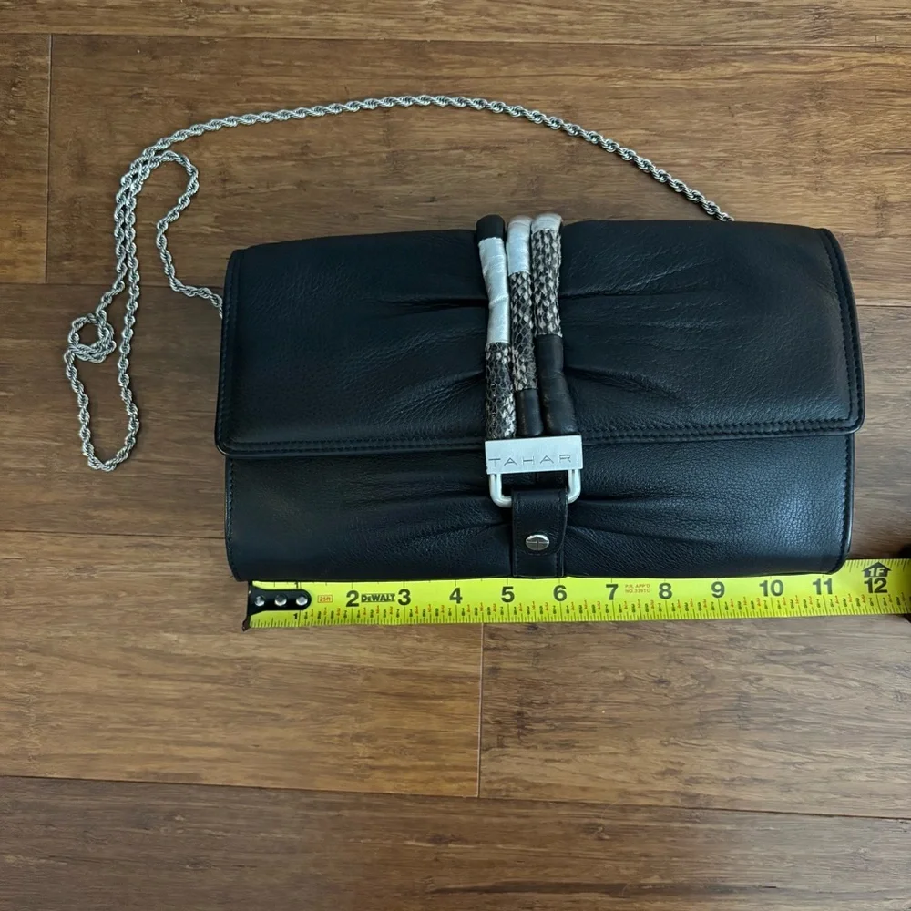 Tahari Black Leather Ruched Clutch Silver Chain Shoulder Bag